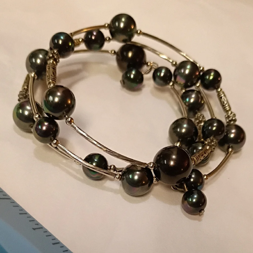 Sophisticated Dark Pearl Wrap Bracelet Silver Y2k 90s